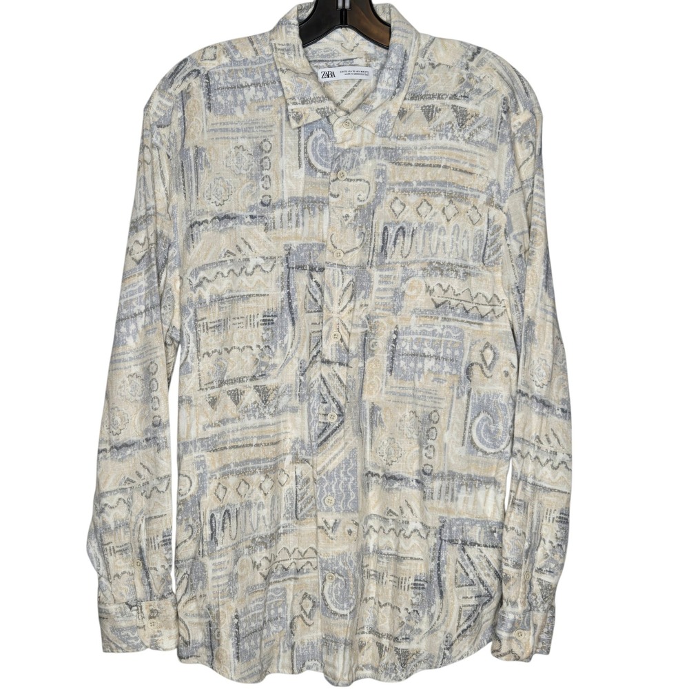 ZARA Mens XL Abstract Geo Print Linen Button Down Shirt Art Deco Retro Boho